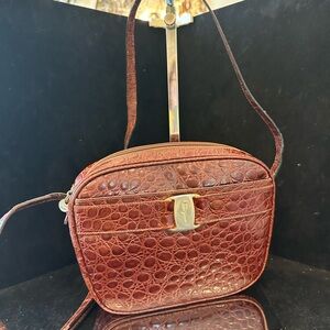 Salvatore Ferragamo Brown Croc-Embossed Leather Crossbody with Gold Logo